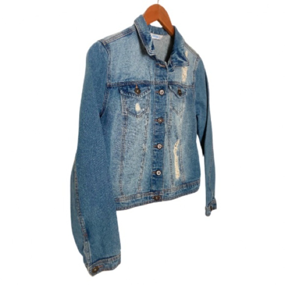 Highway Jeans Distressed Denim Jacket Blue Medium Button‎ Front Pockets - Picture 2 of 3